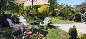 three chairs and a table with an umbrella in a garden at Hospedaje Brisas de Frutillar in Frutillar +13 photos