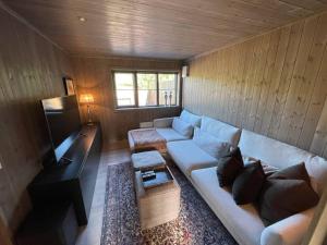 sala de estar con sofá y TV en Ny og moderne hytte i Stryn. Solrik plassering, en Stryn
