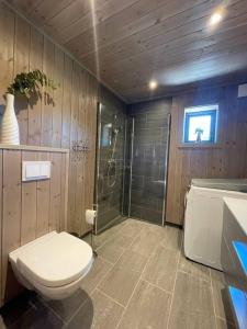 y baño con aseo y ducha. en Ny og moderne hytte i Stryn. Solrik plassering, en Stryn