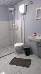 a bathroom with a shower and a toilet and a sink at Casarão 2 in Caxias do Sul