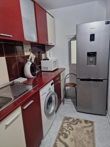 a kitchen with a refrigerator and a washing machine at Micro-apartament NADEVA in Suceava