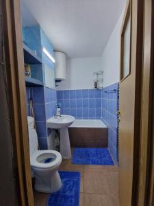 a blue tiled bathroom with a toilet and a sink at Micro-apartament NADEVA in Suceava