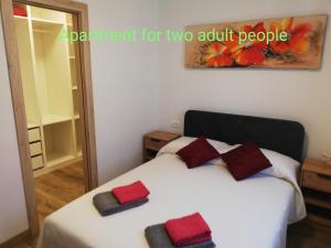a bedroom with a bed with two red pillows on it at Apartments SEEA in Izola