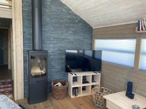 a living room with a fireplace and a flat screen tv at Hito - cabin between Flå and Eggedal in Flå