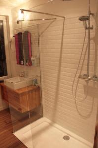 ein Bad mit einer Dusche und einem Waschbecken in der Unterkunft Arti Appart Louise/Flagey/Centre in Brüssel
