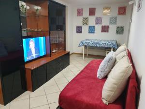 uma sala de estar com um sofá e uma televisão de ecrã plano em Grazioso Appartamento "ALLE MURA DEL CASTELLO Stefano e Paola Marchesini" em Gorizia