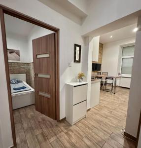 a room with a bedroom with a bed and a mirror at S6 - APARTMENT PROMO next to gozsdu garden in Budapest