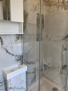 La salle de bains est pourvue d'une douche et d'un lavabo. dans l'établissement Annex B, a Studio flat in London, à Carshalton