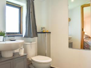 a bathroom with a white toilet and a sink at Slade Barn - Uk42977 in Highbray