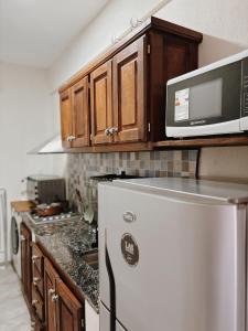 a kitchen with a white refrigerator and a microwave at Mareas II in Esquina