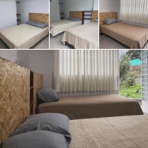 four different views of a bedroom with two beds at Hospedaje Villa Justina in Santa Eulalia