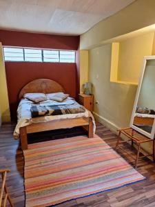 a bedroom with a bed and a mirror and a rug at B&B Sun Gate in Ollantaytambo