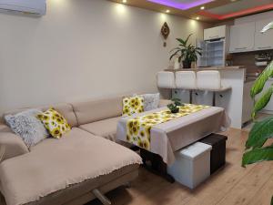 uma sala de estar com um sofá e uma mesa em Newly renovated 2 bedroom apartment in Sofia em Sófia