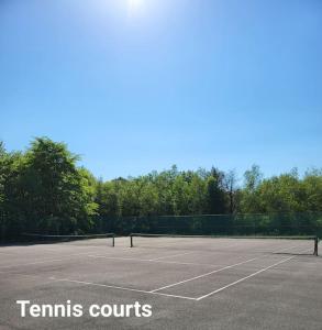 una pista de tenis vacía con árboles en el fondo en Entire cottage, Firepit, BBQ, in & out pool access, en Long Pond