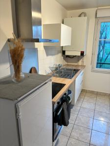uma cozinha com armários brancos e um forno com placa de fogão em Somptueux Appart' Aux Portes de Disneyland em Serris