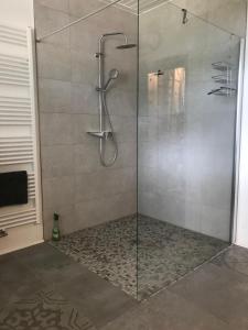 a shower stall with a glass door in a bathroom at Ks Kotten Bed and Breakfast in Rees