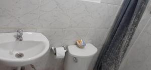 La Bocana的住宿－Hospedaje La Estancia Punta Sal，浴室配有盥洗盆、白色卫生间和盥洗盆。