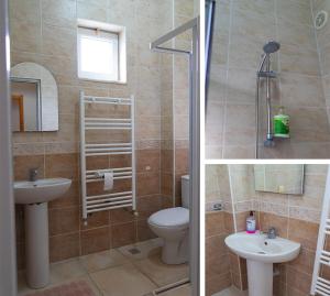 twee foto's van een badkamer met toilet en wastafel bij Beyaz Konak Pansiyon 2 in Gülşehir