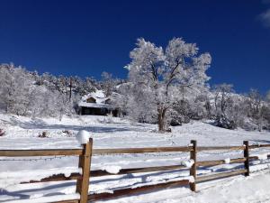 une clôture recouverte de neige à côté d'une maison dans l'établissement Peach Valley Retreat, à New Castle