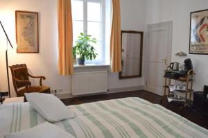 ein Schlafzimmer mit einem Bett und ein Fenster mit einer Pflanze in der Unterkunft Epic Location in Düsseldorf