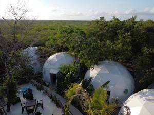 an overhead view of three domes in a field at Glamping Tulum with private mini pool in Tulum