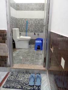 een badkamer met een toilet en een paar blauwe schoenen bij HOTEL RIO in Sirhind