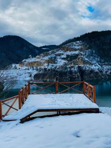un pont en bois dans la neige à côté d'une masse d'eau dans l'établissement Zoranovi konaci, à Jevtići