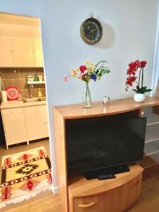 una televisione su un supporto di legno con fiori in un vaso di appartement agréable tout confort Entièrement Meublé ad Aubervilliers