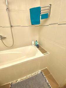 bagno con vasca, doccia e tappeto di appartement agréable tout confort Entièrement Meublé ad Aubervilliers
