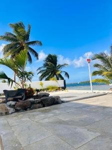 - une plage avec des palmiers et un panneau d'arrêt dans l'établissement Pension Irivai, Appartement RAVA 1 chambre bord de mer, à Uturoa