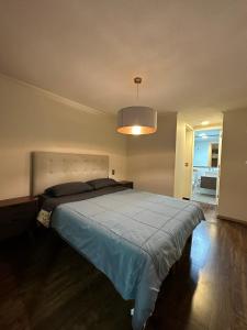 a bedroom with a large bed and a light fixture at Departamento a pasos de PLAYA BRAVA! Cavancha in Iquique