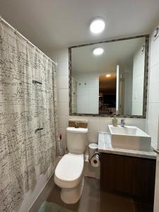 a bathroom with a toilet and a sink and a mirror at Departamento a pasos de PLAYA BRAVA! Cavancha in Iquique