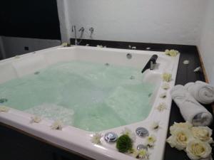 eine Whirlpool-Badewanne mit Waschbecken und Blumen darin in der Unterkunft oBeja negra Muki in Pitalito