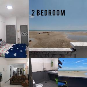 a collage of photos of a bedroom and a beach at Paradise Lagoon Apartment South in Port Dickson