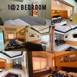 a collage of four pictures of a bedroom at Paradise Lagoon Apartment South in Port Dickson