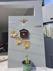 拉威海灘的住宿－Seaview Eagles Nest Apartments，挂着奖章的墙上,有盆栽