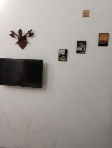 TV de pantalla plana colgada en una pared con fotografías en Homewood Suites Family Guest House & Apartments, en Lahore