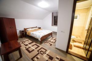 um quarto com uma cama e uma casa de banho com um chuveiro em Cabana Georgiana em Arieşeni