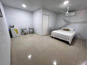 um quarto branco com uma cama e 2 cadeiras em Apartamento cerca de Tamarindo em Villarreal