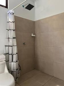 uma casa de banho com uma cortina de chuveiro e um WC em Apartamento cerca de Tamarindo em Villarreal