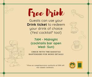 a free drink ticket with a bunch of glasses at Barn1920s Hostel in Vientiane