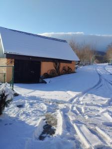 einen schneebedeckten Hof mit einem Gebäude im Hintergrund in der Unterkunft Honey house Lika in Gospić