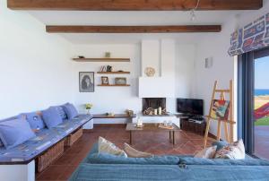 een woonkamer met een blauwe bank en een tv bij Cristelia seafront & pool villa in Lachaniá