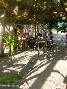 Locaroc的住宿－Akoya Beach Park and Cottages，一群人坐在沙滩上的椅子上