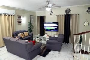 a living room with two chairs and a tv at Spacious Luxury 3 Bed Rooms in Kingston in Kingston