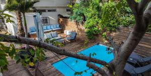 a backyard with a swimming pool and a tree at Villa Rosen at Ramat Hahayal TLV in Tel Aviv