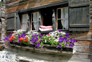 an open window with flowers on a wooden house at Alphotel & Bergrestaurant Sankt Martin 