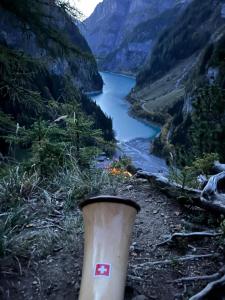 a coffee cup sitting on a mountain overlooking a river at Alphotel & Bergrestaurant Sankt Martin 