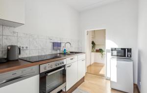 cocina blanca con fregadero y nevera en Awesome Apartment In Rtha With Kitchen, en Rötha