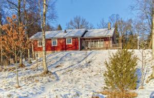 a red house in the snow with a tree at Solvik 2 in Hornbetan